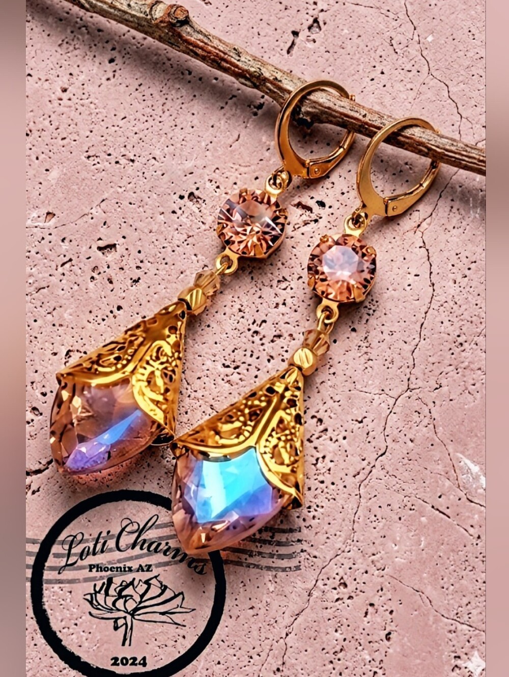 Victorian Pink & Purple Sparkling AB In  18k Gold Plated Filligree Earrings